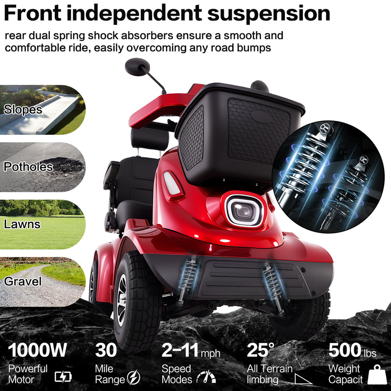 THLAND Heavy Duty 4 Wheel Mobility Scooter for Seniors & Adults, 500 lbs Capacity, Electric Powered Chair with 1000W Motor, All-Terrain Fast Travel, 30 Miles Long Range Battery, Bluetooth Speaker