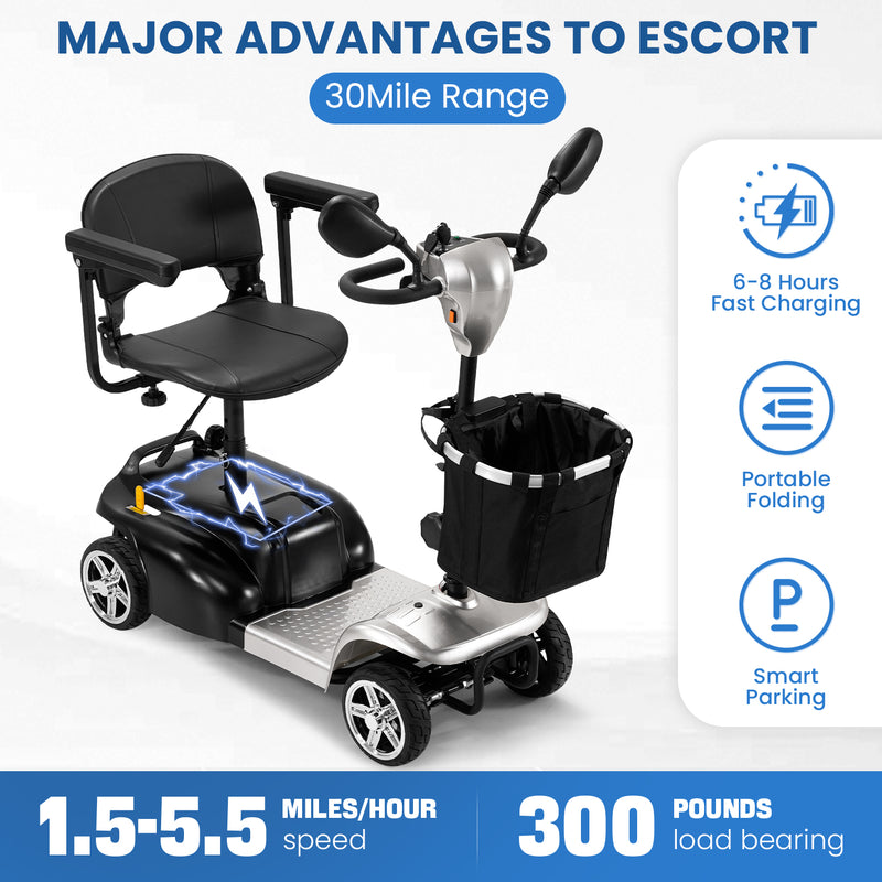 THLAND 30 Miles Long Range 4 Wheel Electric Mobility Scooter with 350W Motor - Foldable Mobility Scooter for Adults/Seniors - Compact Heavy Duty Mobility for Travel, 300 lb Capacity (Silver)