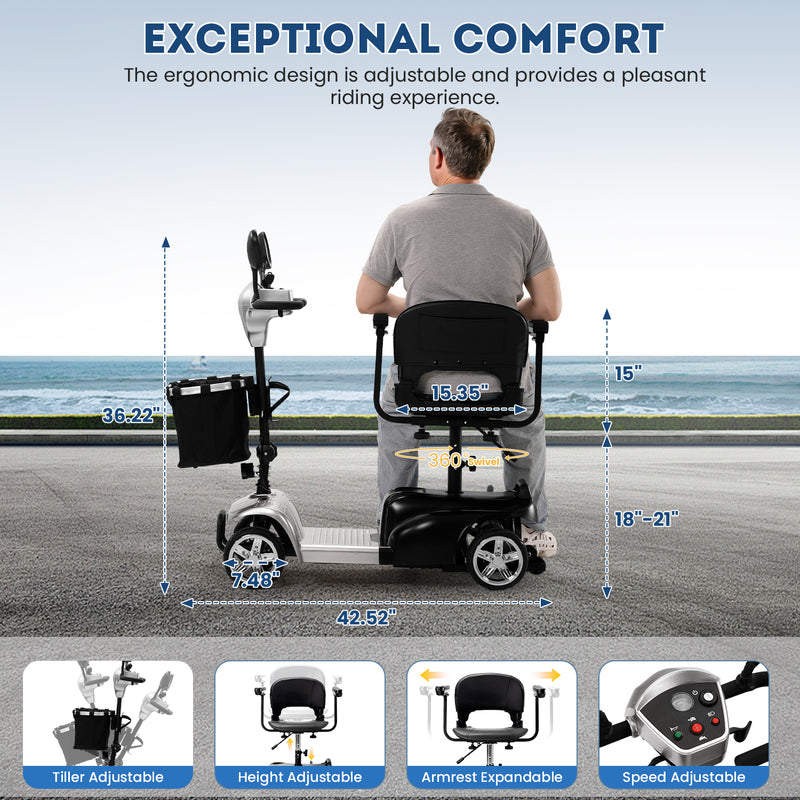 THLAND 30 Miles Long Range 4 Wheel Electric Mobility Scooter with 350W Motor - Foldable Mobility Scooter for Adults/Seniors - Compact Heavy Duty Mobility for Travel, 300 lb Capacity (Silver)