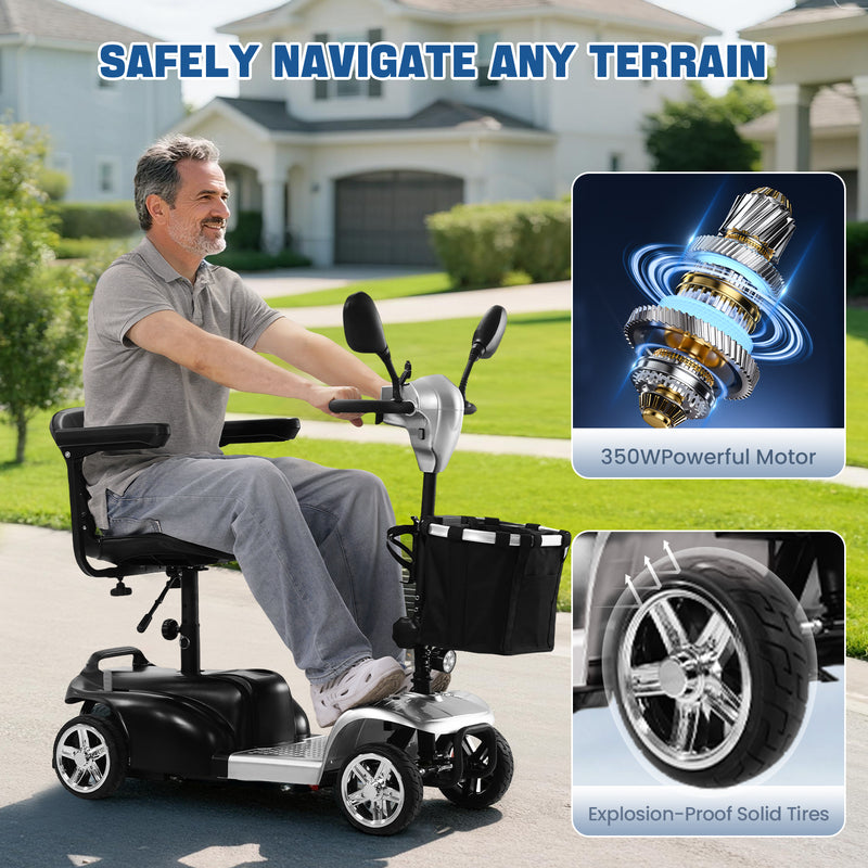 THLAND 30 Miles Long Range 4 Wheel Electric Mobility Scooter with 350W Motor - Foldable Mobility Scooter for Adults/Seniors - Compact Heavy Duty Mobility for Travel, 300 lb Capacity (Silver)