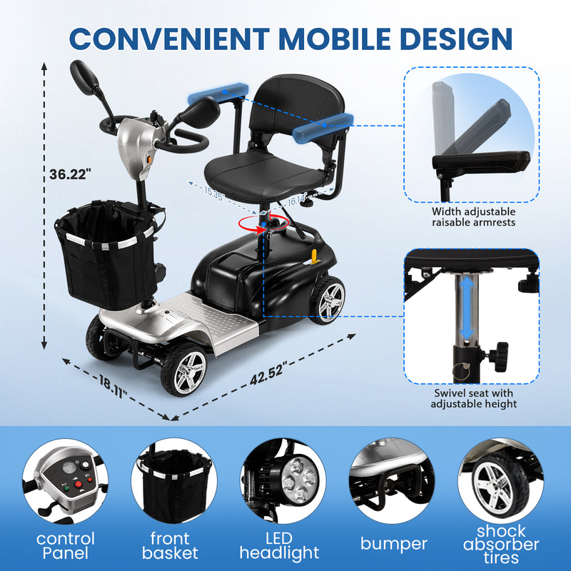 THLAND 30 Miles Long Range 4 Wheel Electric Mobility Scooter with 350W Motor - Foldable Mobility Scooter for Adults/Seniors - Compact Heavy Duty Mobility for Travel, 300 lb Capacity (Silver)