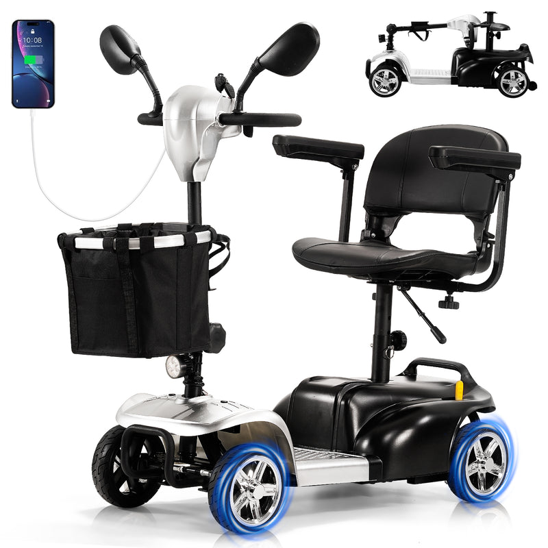 THLAND 30 Miles Long Range 4 Wheel Electric Mobility Scooter with 350W Motor - Foldable Mobility Scooter for Adults/Seniors - Compact Heavy Duty Mobility for Travel, 300 lb Capacity (Silver)