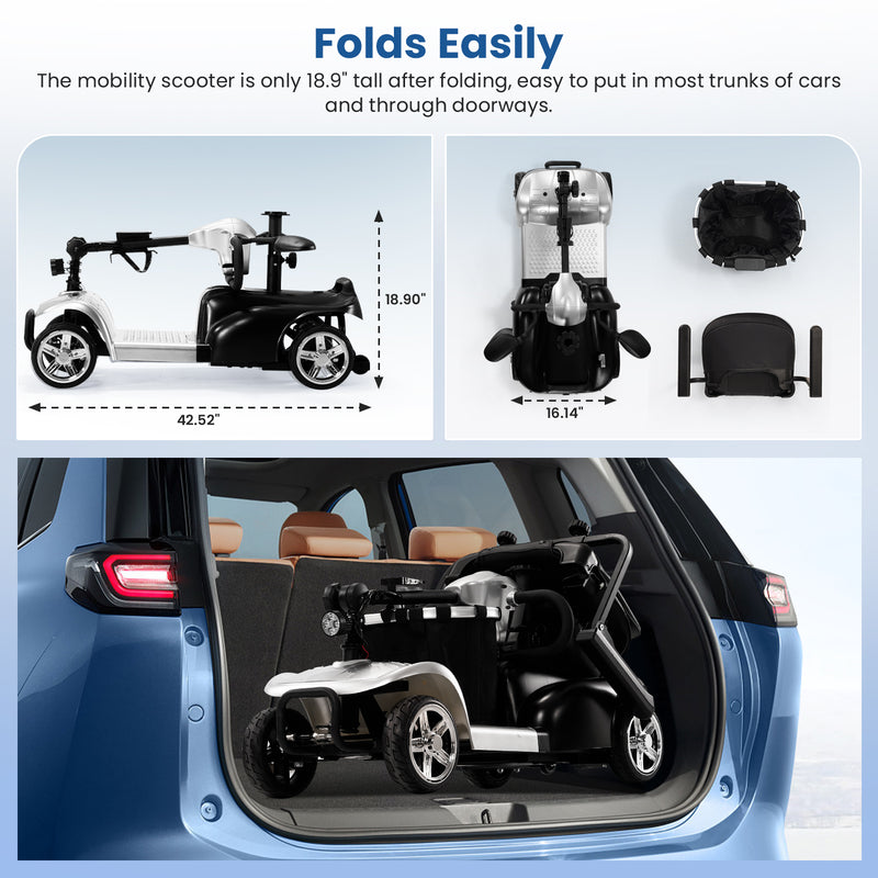 THLAND 30 Miles Long Range 4 Wheel Electric Mobility Scooter with 350W Motor - Foldable Mobility Scooter for Adults/Seniors - Compact Heavy Duty Mobility for Travel, 300 lb Capacity (Silver)