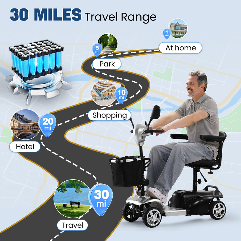THLAND 30 Miles Long Range 4 Wheel Electric Mobility Scooter with 350W Motor - Foldable Mobility Scooter for Adults/Seniors - Compact Heavy Duty Mobility for Travel, 300 lb Capacity (Silver)