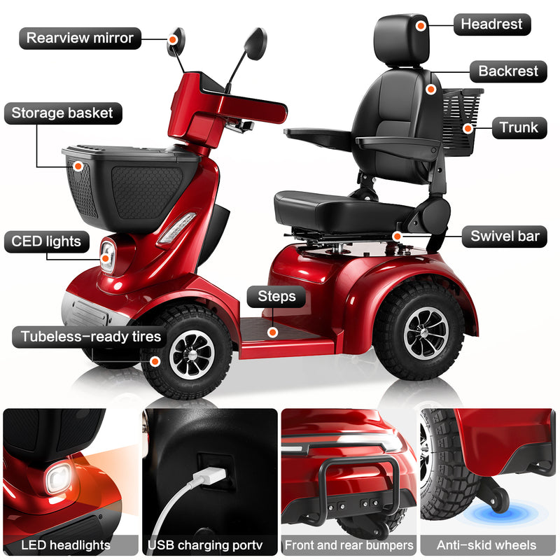 THLAND Heavy Duty 4 Wheel Mobility Scooter for Seniors & Adults, 500 lbs Capacity, Electric Powered Chair with 1000W Motor, All-Terrain Fast Travel, 30 Miles Long Range Battery, Bluetooth Speaker
