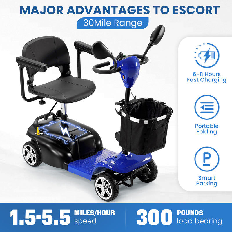 THLAND 30 Miles Long Range 4 Wheel Electric Mobility Scooter with 350W Motor - Foldable Mobility Scooter for Adults/Seniors - Compact Heavy Duty Mobility for Travel, 300 lb Capacity