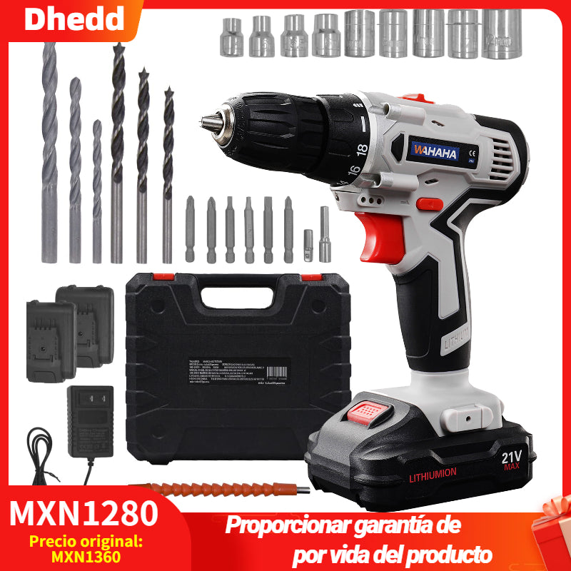 Taladro compacto de 18 velocidades de 21 V Batería de litio dual（mantenga su móvil abierto）