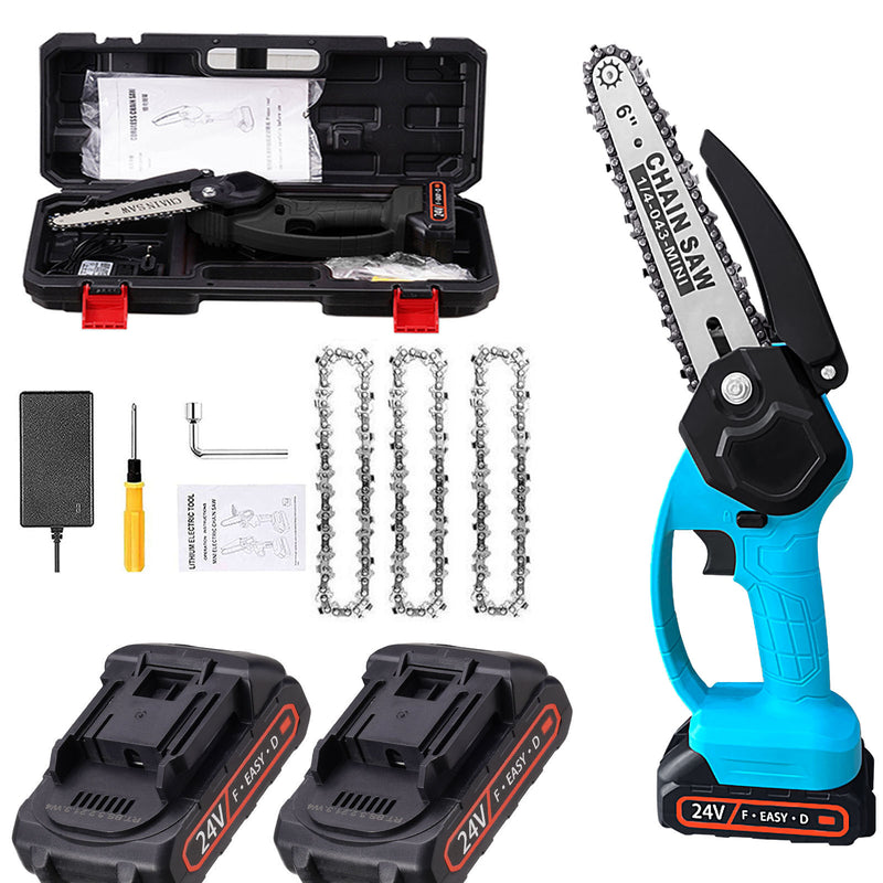 Mini motosierra inalámbrica de 6" con 2 baterías y 3 cadenas(venta de liquidación)