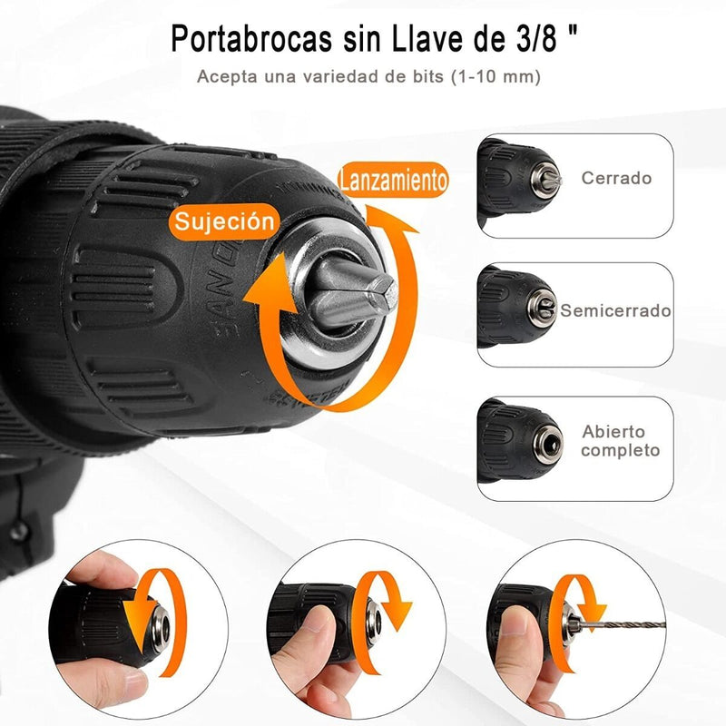 Taladro compacto de 18 velocidades de 21 V Batería de litio dual（mantenga su móvil abierto）