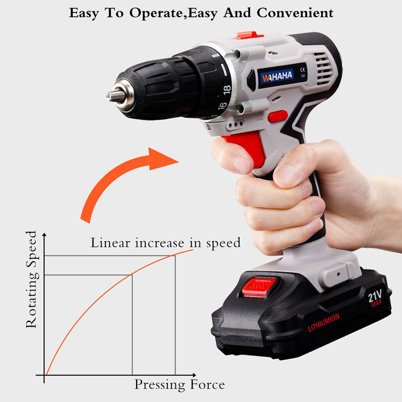 Taladro compacto de 18 velocidades de 21 V Batería de litio dual（mantenga su móvil abierto）