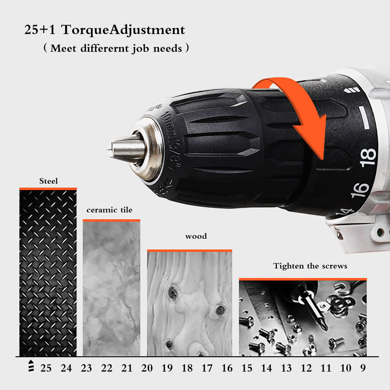Taladro compacto de 18 velocidades de 21 V Batería de litio dual（mantenga su móvil abierto）