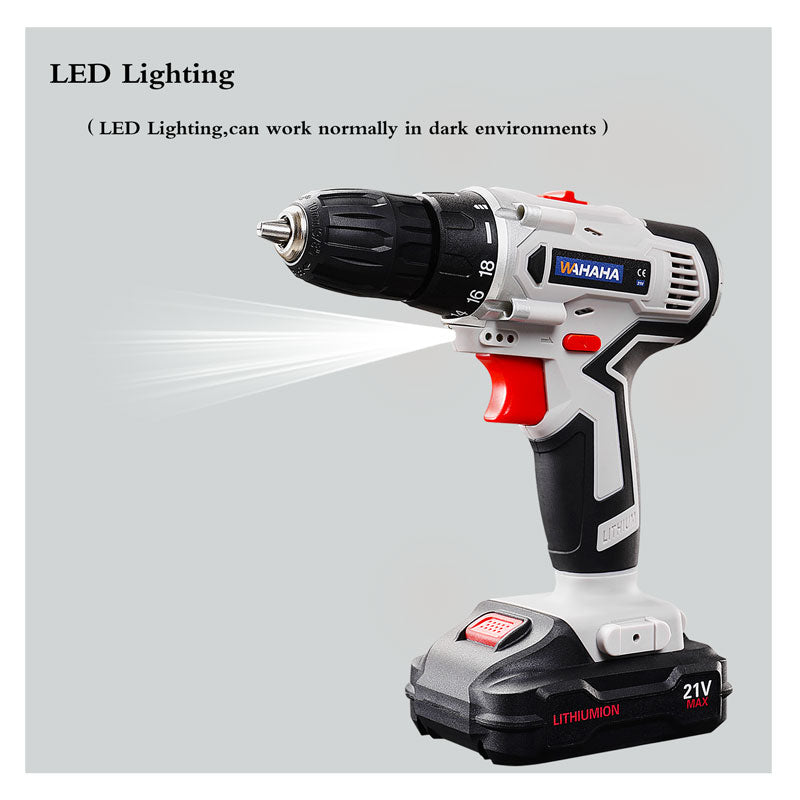 Taladro compacto de 18 velocidades de 21 V Batería de litio dual（mantenga su móvil abierto）