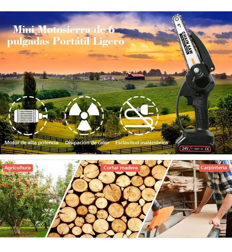Motosierra portátil de 6" 2 baterías 3 cadenas (Oferta de liquidación)