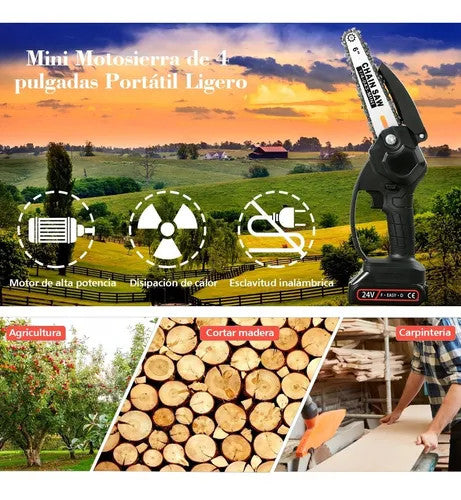 Mini motosierra inalámbrica de 6" con 2 baterías y 3 cadenas(venta de liquidación)