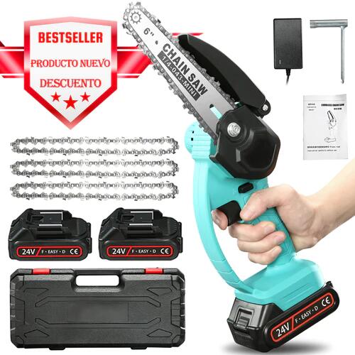 Motosierra portátil de 6" 2 baterías 3 cadenas (Oferta de liquidación)