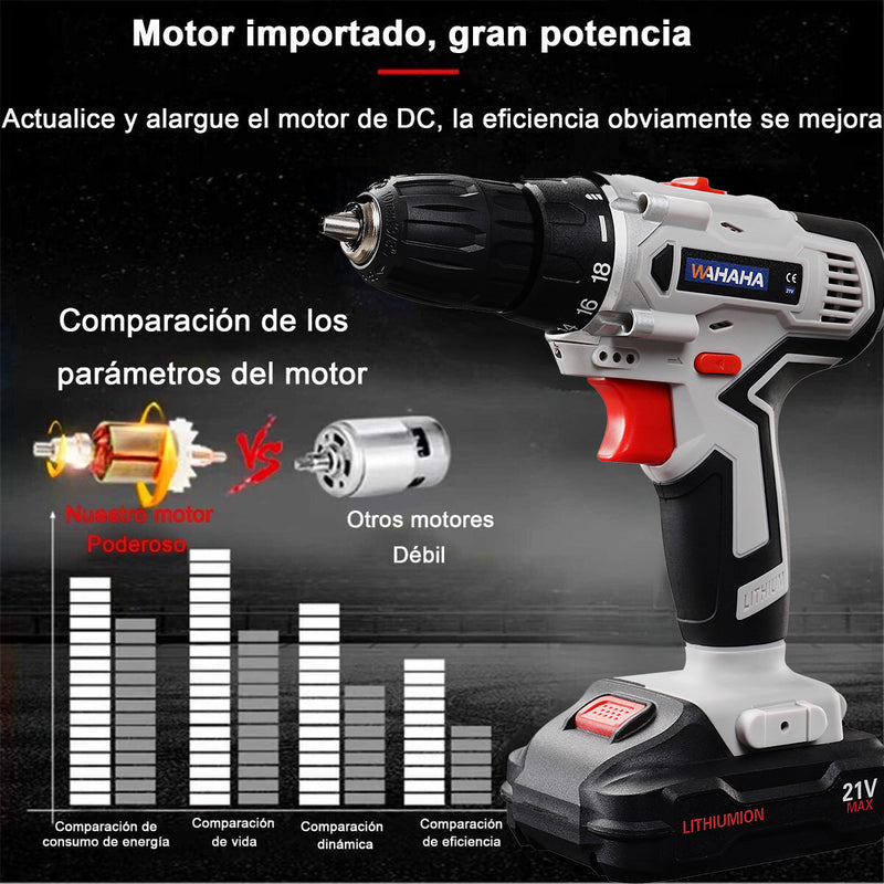 Taladro compacto de 18 velocidades de 21 V Batería de litio dual（mantenga su móvil abierto）